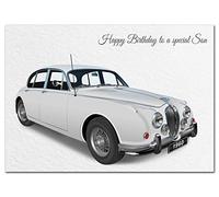 Extra Large Son Birthday Card - XL Big thick A4 size - Special Traditional Bday Greeting Men Him - Unusual Cool Art Classic white 1960 Jag Car - Huge Happy Wishes - UK Eco-Friendly