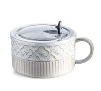 Extra Large Soup Bowl with Handle, 39 Ounces Ceramic Bowl with Lid, 6 Inch Microwave Ramen Bowl Soup Mug Cup for Cereal, Ramen, Instant Noodle, Beige White