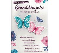 Extra large special granddaughter birthday card. 8 page insert. butterflies. 12 x 7.5 inches. OE.