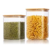 Extra Large Square Glass Flour & Sugar Storage Containers with Airtight Lids, 132oz & 63oz - 2 Pack Glass Jars with Bamboo Lids, Air tight Pantry Food Storage Containers for Cereal, Pasta, Rice