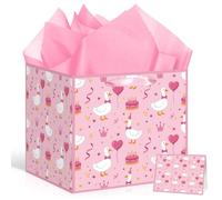 Extra Large Square Silly Goose Gift Bag with 3 Tissue Paper and Greeting Card 12'' Pink Cute Coquette Pattern Gifts Bag 1st Birthday Baby Shower Party Supplies Wrapping for Baby Girl Daughter Niece