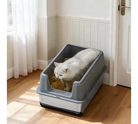 Extra Large Stainless Steel Cat Litter Box Enclosed with Lid - High Sided Non-Stick Tray, Leak & Splash Proof, Odor Resistant, Easy Clean - Includes Scoop & Mat - White, 60×40×30.5cm, 15cm Depth