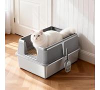 Extra Large Stainless Steel Cat Litter Box - High Sided, Open Top, Non-Stick & Odor Resistant - Rustproof, Easy Clean, Includes Scoop - Big, Multiple or Fat Cats, Grey, 70x50x30cm, Bottom Tray 15cm