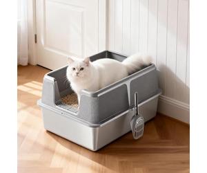 Extra Large Stainless Steel Cat Litter Box - High Sided, Open Top, Non-Stick & Odor Resistant - Rustproof, Easy Clean, Includes Scoop - Big, Multiple or Fat Cats, Grey, 70x50x30cm, Bottom Tray 15cm