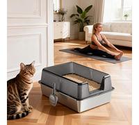 Extra Large Stainless Steel Cat Litter Box - High Sided, Open Top, Odour Resistant, Anti-Splash Rim, Easy to Clean, Durable Metal Pan Includes Scoop, Black, 70x50x35cm, Bottom Tray 20cm