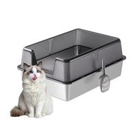 Extra Large Stainless Steel Cat Litter Box - High Sides, Open Top, Odour Resistant, Anti-Splash, Easy to Clean, Metal Tray with Scoop, For Multi, Fat & Large Cats, Black, 70x50x30cm, Bottom Tray 15cm