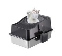 Extra Large Stainless Steel Cat Litter Box with Lid, 60x40x34cm High Sided Enclosed Litter Tray for Big Cats, Leak-Proof Odor Control Easy Clean Metal Box with Scoop Mat, Black