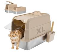 Extra Large Stainless Steel Cat Litter Box with Lid, Removable High-Sided Enclosure for Large Cats, Leak-Proof, Non-Stick, Easy to Clean with Included Scoop (Khaki)
