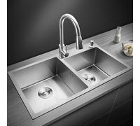Extra Large Stainless Steel Double Bowl Kitchen Sink - Square Overmount/Under-Counter Installation Silver Finish Ideal for Households and Dishwashers