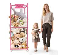 Extra Large Stuffed Animal Storage with Wheels, Wooden Plushies Storage Stuffed Animals Holder Plush Toy Organizer Stuff Animal Zoo Tube Tower Cage 22.5 * 22.5 * 64 Inches Pink