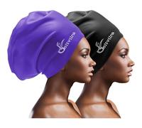 Extra Large Swim Cap for Braids and Dreadlocks Women Men Silicone Swimming Cap for Long Thick Curly Weaves Afro Hair Extensions (Black, Purple)