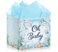 Extra Large Under the Sea Gift Bag for Baby Shower, Ocean Animals Square Gift Bag with Tissue Papers Blue Sea Animals Present Bags Oh Baby Wrapping Paper Bag for New Parents Gender Reveal Party Favors