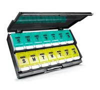 Extra Large Weekly Pill Organizer 2 Times a Day - Remtise Am/Pm Daily Pill Case Medicine Organizer, Push Button 7 Day Pill Box for Pills/Vitamin/Cod Liver Oil/Supplements (Cyan & Yellow)