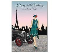 Extra Large Wife 60th Birthday Card - XL Big thick A4 size - Special Age Year Greeting Her Women Female - Beautiful Art Paris Sunrise Car Flapper - Nice Huge Happy Wishes UK Eco-Friendly