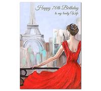 Extra Large Wife 70th Birthday Card - XL Big thick A4 size - Special Age Year Greeting Her Women Female - Beautiful Art Romantic Watercolour Paris - Nice Huge Happy Wishes UK Eco-Friendly
