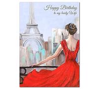 Extra Large Wife Birthday Card - XL Big thick A4 size - Special Beautiful Greeting for Women Her Female - Romantic Watercolour Paris Art - Nice Huge Happy Wishes - UK Eco-Friendly