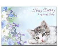 Extra Large Wife Birthday Card - XL Big thick A4 size - Special Beautiful Greeting for Women Her Female - Cute Cat Flowers Watercolour Art - Nice Huge Happy Wishes - UK Eco-Friendly