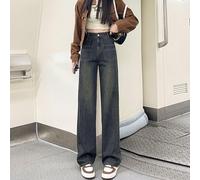 (Extra Large) Women's Cement Gray High Waist Slim Straight Jeans - Nostalgic American Style, Wide Leg.