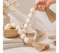 Extra Large Wooden Bead Garland with 1.6 Inch Beads & Tassels, Farmhouse Rustic Boho Decorative Wood Beads for Tiered Tray, Wall, Shelf & Coffee Table, Black, 50 Inch Length (Nature Beige, 50" lnches)