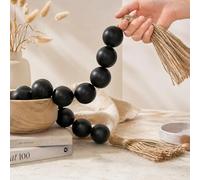 Extra Large Wooden Bead Garland with 1.6 Inch Beads & Tassels, Farmhouse Rustic Boho Decorative Wood Beads for Tiered Tray, Wall, Shelf & Coffee Table, Black, 50 Inch Length (Black, 50" lnches)