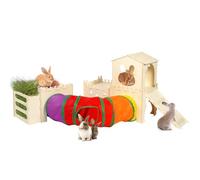 Extra Large Wooden Rabbit Hideout with Tunnels and Hay Feeder - Multistory Bunny Castle with Stairs, Climbing Tower and Sturdy Habitat for Indoor Bunnies, Guinea Pigs, Chinchillas Small Animal