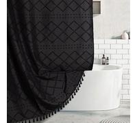 Extra Long Boho Black Shower Curtain with Tassels 72 x 84, Tufted Chevron Striped Chenille Woven Fabric Cloth Shower Curtain Modern Farmhouse Minimalist, Shabby Chic Textured for Bathroom