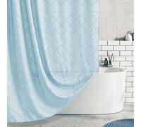 Extra Long Boho Blue Woven Fabric 84 Inch Shower Curtain 72 x 84 Tufted Chevron Striped Shabby Chic Textured, Modern Farmhouse Minimalist, Water Resistant Curtain for Bathroom, Hotel Decor