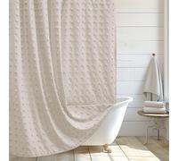 Extra Long Boho Farmhouse Shower Curtain Woven Fabric 84 Inch Natural Shower Curtain, 72 x 84 Tufted Pleat Floral Puffs Textured Modern Minimalist Shower Curtain Set with Hooks for Bathroom