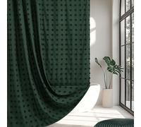 Extra Long Boho Farmhouse Woven Fabric Dark Green Shower Curtain, 72 x 78 Tufted Pleat Floral Puffs Textured Modern Farmhouse Minimalist Hunter Green Shower Curtain for Bathroom