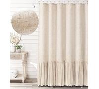 Extra Long Farmhouse Shower Curtain - 96 Inch Length Beige With Ruffle Hem - Linen Blend for Bathroom Natural