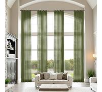 Extra Long Green Linen ains, Custom Length 10-17ft, Light Filtering Grommet Top Drapes, 100W x 144L, Ideal Loft Window Treatments, Single Panel