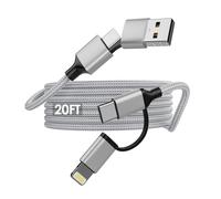 Extra Long iPhone Charger Cable 16 FT, 60W Fast Charging Cable USB-C and Lightning 4-in-1 Cable 15FT Nylon Braided Charging Cord Multi Charger Cord Combo Lightning/Type C/USB A for iPhone iPad Samsung