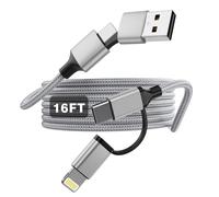 Extra Long iPhone Charger Cable 5M, 60W Fast Charging Cable USB-C and Lightning 4-in-1 Cable 15FT Braided Charging Cord Multi Charger Cord Combo Lightning/Type C/USB A for iPhone iPad Samsung (Grey)