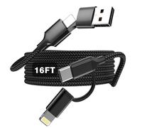 Extra Long iPhone Charger Cable 5M, 60W Fast Charging Cable USB-C and Lightning 4-in-1 Cable 15FT Braided Charging Cord Multi Charger Cord Combo Lightning/Type C/USB A for iPhone iPad Samsung (Black)
