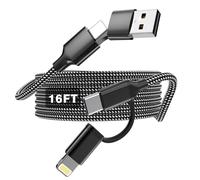 Extra Long iPhone Charger Cable 5M, 60W Fast Charging Cable USB-C and Lightning 4-in-1 Cable 15FT Braided Charging Cord Multi Charger Cord Combo Lightning/Type C/USB A for iPhone iPad Samsung (Mono)