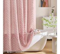 Extra Long Pink Boho Shower Curtain With White Tassel, Woven Fabric 84 in, Tufted Chevron Striped, 72 x 84, Modern Chic Textured Minimalist Cute for Bathroom