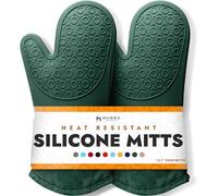 Extra Long Professional Silicone Oven Mitt, Oven Mitts with Quilted Liner, Heat Resistant Pot Holders, Flexible Oven Gloves, 1 Pair (Green, 13.7 inch)