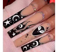 Extra Long Square Press on Nails French Fake Nails Black Glue on Nails with Star Moon Flame Designs Long Rhinestones Acrylic Press on False Nail Tips for Women and Girls, 24pcs