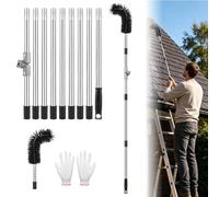 Extra Long Telescopic Gutter Cleaner, 4m Aluminum Roof Gutter Cleaning Tools Kit with 180° Swivel Head, Gutter Brush, Leaf Shovel & Rake for Guard Debris Removal (A)
