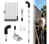 Extra Long Telescopic Gutter Cleaner, 4m Aluminum Roof Gutter Cleaning Tools Kit with 180° Swivel Head, Gutter Brush, Leaf Shovel & Rake for Guard Debris Removal (C)