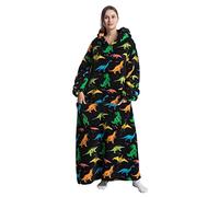 Extra Long Wearable Blanket Hoodie, Oversized Blanket Sweatshirt for Women and Men, Super Warm and Cozy Giant Hooded Blanket with Thick Flannel Material and Giant Pocket (Colorful Dinosaur)