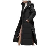 Extra Long Winter Coats for Women UK Hooded Padded Jacket Button Closure at the Bottom Chic Outercoat with Pockets Thick Warm Windbreaker Parka with Zip Black M