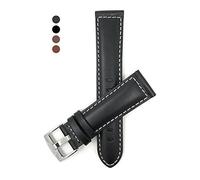 Extra Long (XL), 22mm Wide, Black Genuine Leather Watch Band Strap, Mat Finish, White Stitching, Also Comes in Brown, Tan and Light Brown