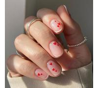 Extra Short Press on Nails Valentine's Day Fake Nails Full Cover Oval Shaped False Nails with Small Red Hearts Designs Glossy White Tip Nude Acrylic Nails French Tip Glue on Nails for Women and Girls