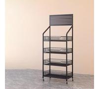 Extra Tall 4/5 Tier Retail Display Rack with Hooks & Wheels - Versatile Grocery Store Shelf for Kitchen, Pantry & Home Theater - Black Commercial Market Shelving 60x27x140cm