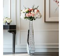 Extra Tall Floor Vase Crushed Diamond : 85.5 cm Mirrored Tall Flower Vase Silver Glass Standing Floral Arrangement Vases for Large Branches & Pampas Grass - Home Decor for Wedding & Office