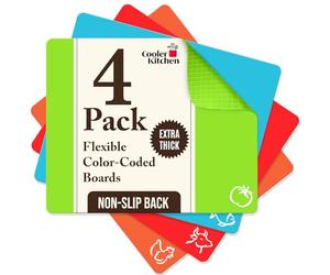Extra Thick Flexible Plastic Chopping Board (Set of 4) - Plastic Cutting Board Set - Mats with Food Icons & EZ-Grip Waffle Back - Colour Coded Chopping Boards for Kitchens by Cooler Kitchen