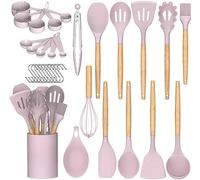 Extra Thick Layer of Silicone Utensils Set-446°F Heat Resistant Silicone Utensils for Cooking,Kitchen Spatula Set Wooden Handles with Holder, BPA Free Gadgets for Non-Stick Cookware (Pink)