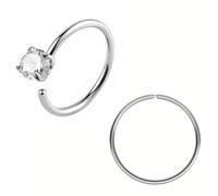 Extra thin Sterling Silver Nose Rings | 2pcs (8mm - Plain & Stone) Small Hoop Nose Ring 0.6mm/0.8mm thin for Septum, Conch & Helix Piercing Jewelry - Nose Rings for Piercing, Daith Ear Snug Lip Ring