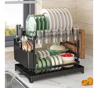 Extra Wide Adjustable Countertop Dish Drainer with Drip Tray Cutlery Holder & Cup Holders - Black Design for Efficient Drying and Space-Saving Storage